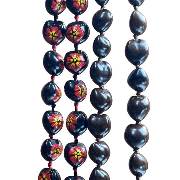 Vintage Hawaiian Kukui Nut Necklace Set Mens Womens Brown Black Floral Painted - Picture 3 of 7